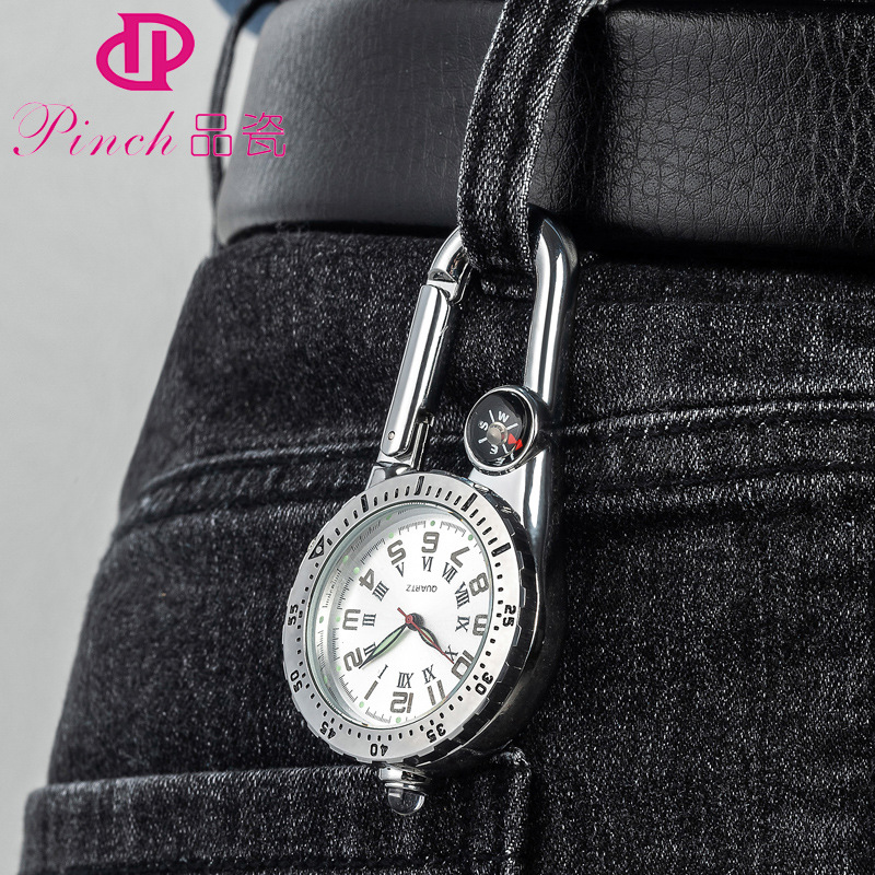 Porcelain fashion mountaineering buckle watch old-fashioned waist watch with light hook watch outdoor sports pocket watch lock keychain hanging watch