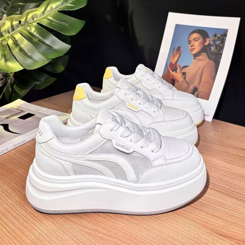 Zapatos blancos de suela gruesa de malla transpirable de comercio exterior para mujer, nuevo estilo de verano, zapatos deportivos ligeros y de ocio de todo fósforo