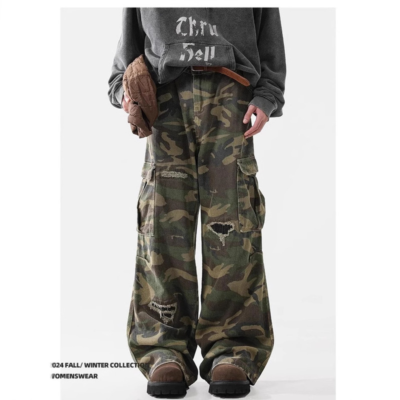 American Retro High Street Ripped Camouflage Pants for Men and Women Trendyy Large Flap Pocket Pants Casual Cargo Pants Loose Vibe Camouflage Pants