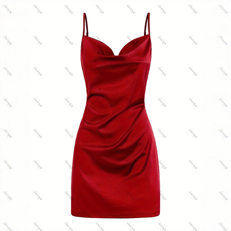 European and American Style Satin Solid Color Spaghetti Strap Bodycon Dress Evening Gown Party Slimming Sexy V-Neck