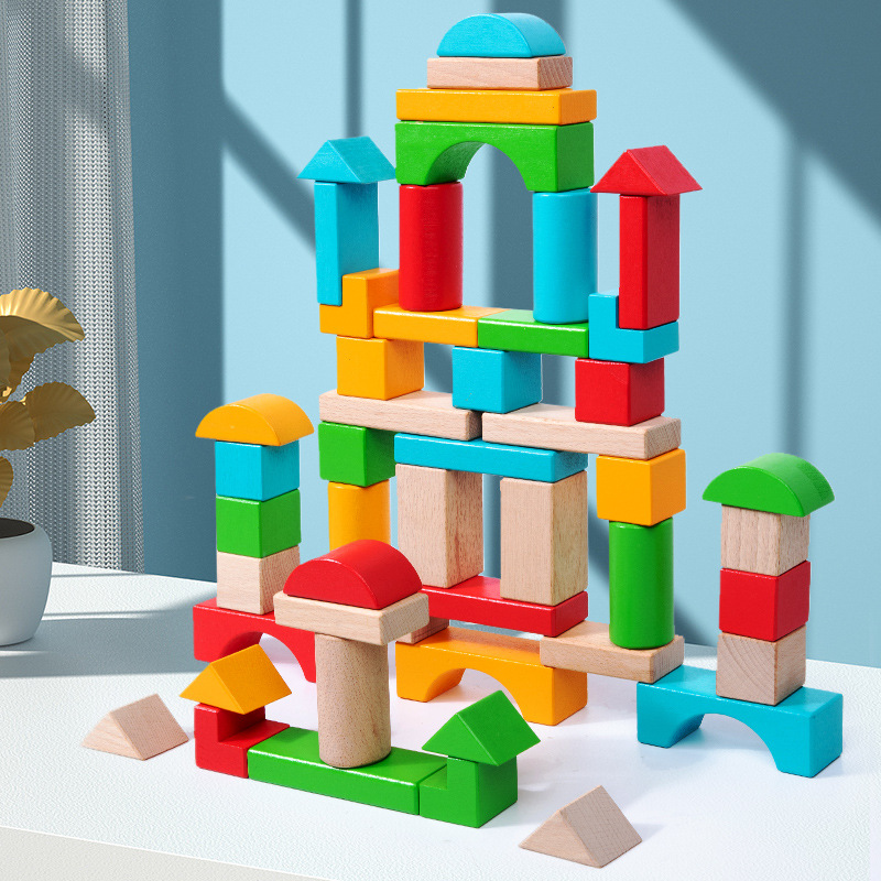 Wooden early education 50 Beech large particle geometric assembling building blocks creative construction stacking educational toys for young children