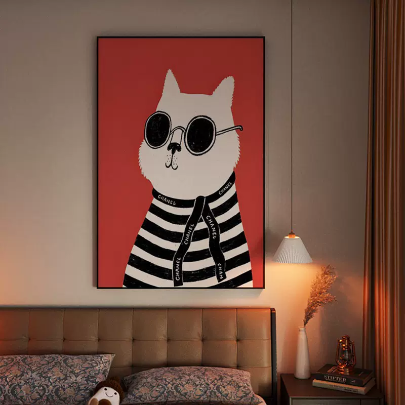 法式中古风可爱小猫插画艺术客厅玄关装饰画背景墙壁画 竖版挂画