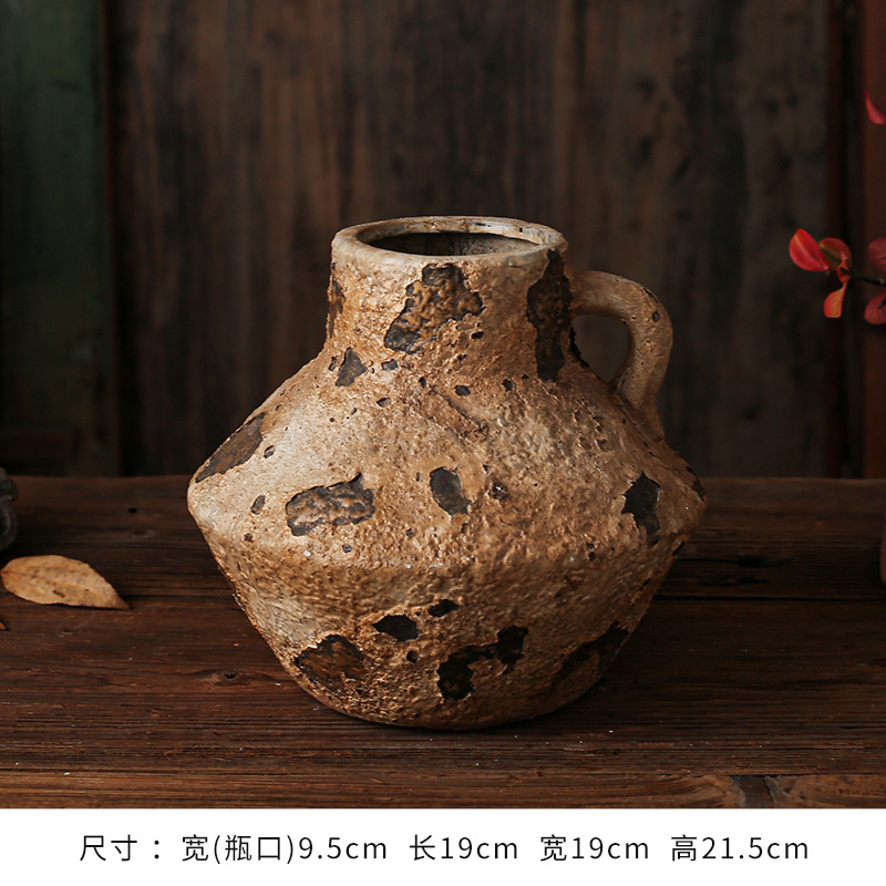 セラミック花瓶、レトロなわびさびスタイルのB&B装飾、中世の粗い陶器アートフラワーアレンジメント、家庭用家具、陶器のポット