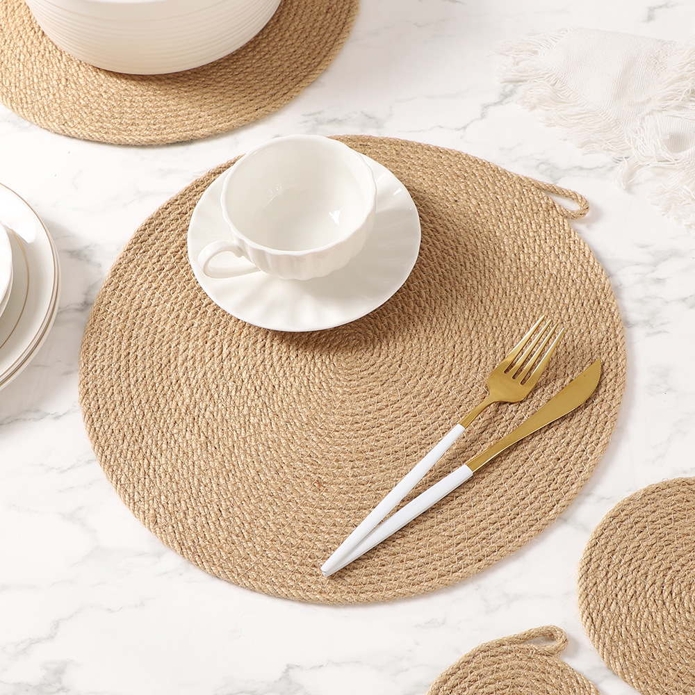 Yute natural tejido aislante de goma de seda natural alta sensación puede colgar en la pared con anillo almohadilla de mesa de comedor en la almohadilla de comedor occidental