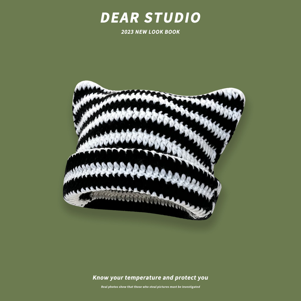 Japonés lindo gato orejas de punto de lana sombrero femenino Otoño e Invierno pequeño diablo a rayas cálido todo-Partido suéter sombrero moda