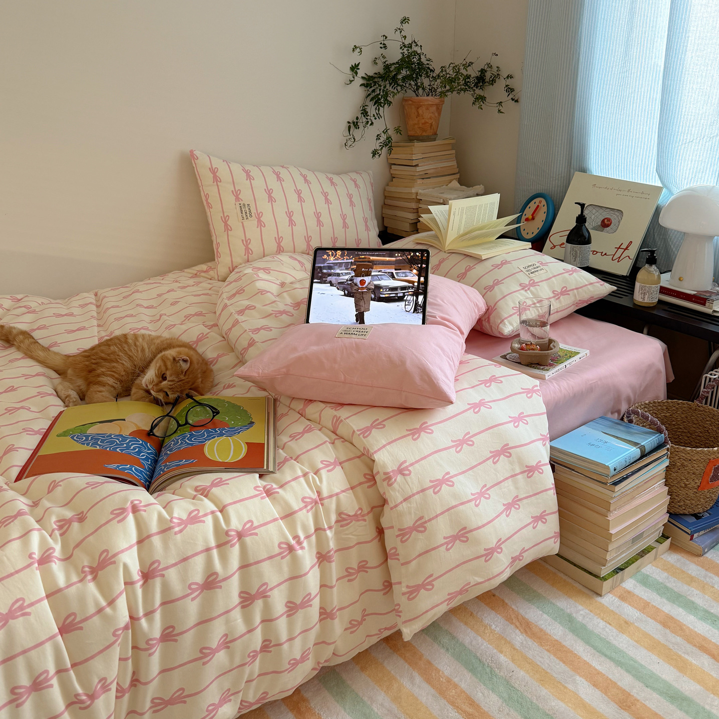 Todo algodón INS blogger estilo coreano arco de algodón cuatro piezas en casa dormitorio cama de tres piezas cubierta de edredón de piel