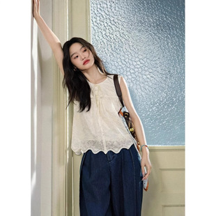 Wide-Style Beige Heavy Embroidery Lace Blouse for Women 2025 Summer New Sleeveless Bow Chiffon Shirt