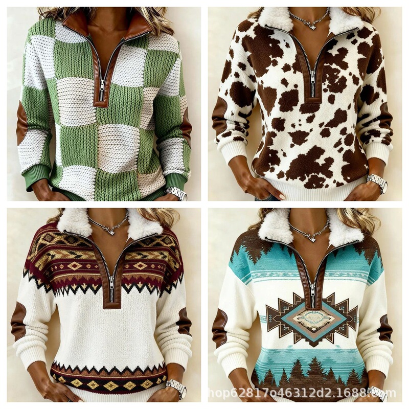 2026 Autumn and Winter New Amazon Cross-Border European and American Style Loose Sweatshirt with Fur Collar, Zipper, and Color-Blocking Print Pullover