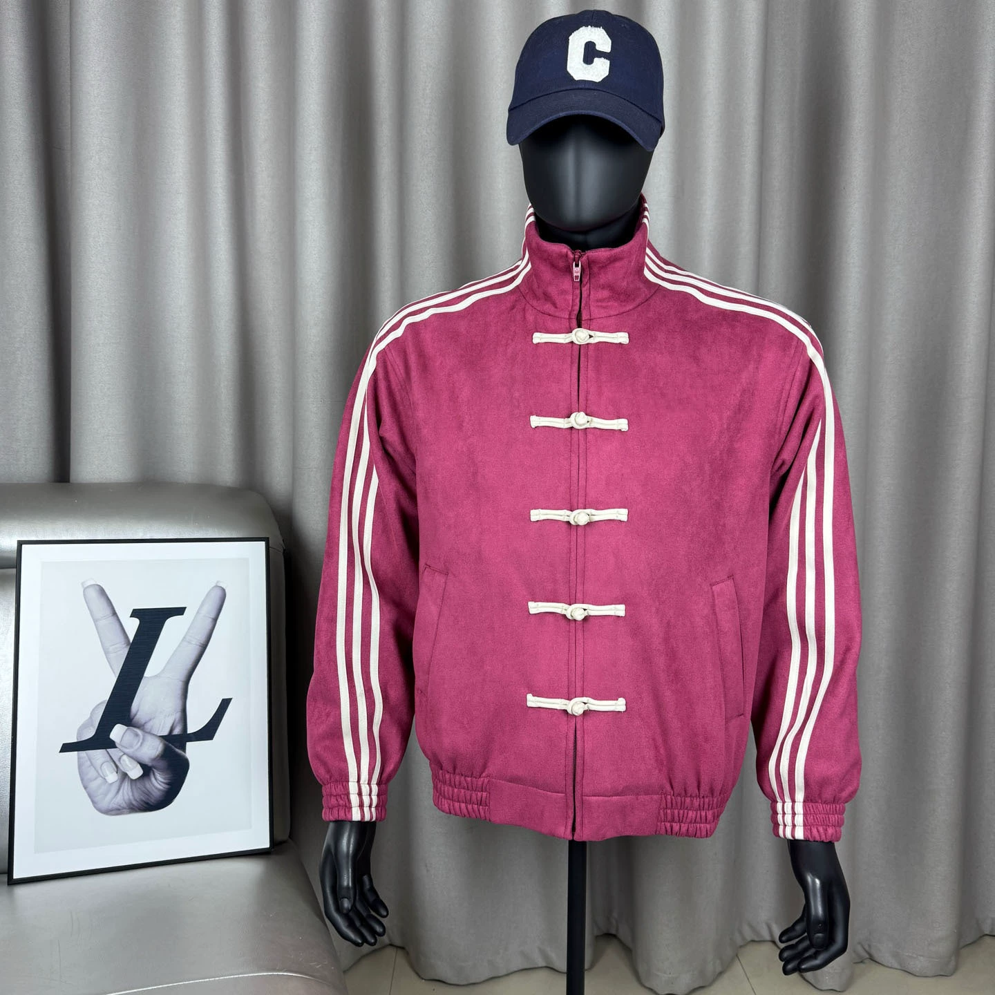 新中式唐装三叶草盘扣复古运动情侣装夹克麂皮绒国潮立领拉链外套