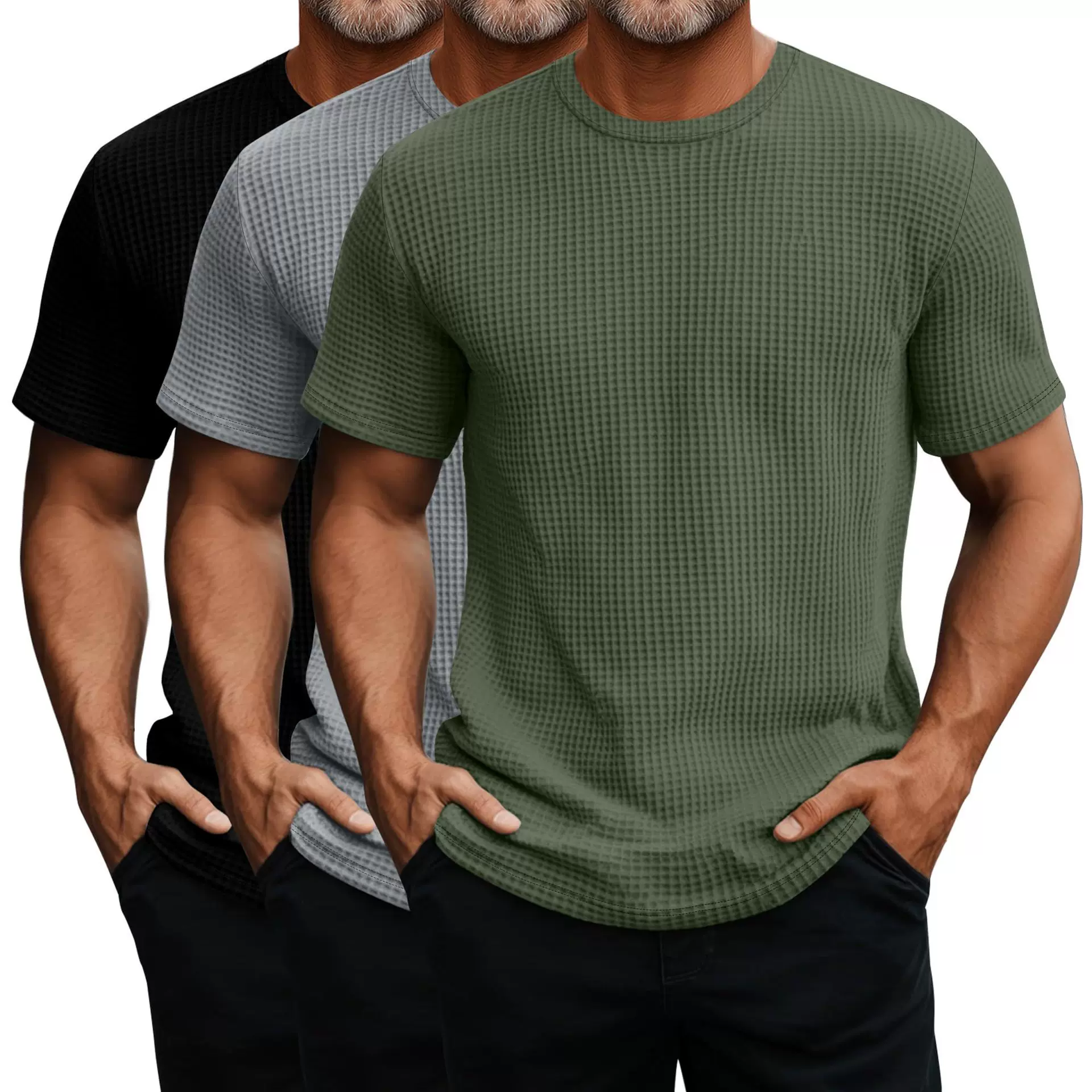 亚马逊独立站男士短袖华夫格针织衫三件装休闲纹理圆领夏季T恤