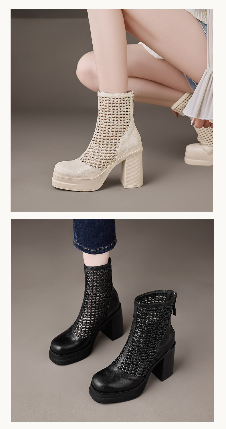 Boot lưới nữ da thật cổ thấp gót vuông 9 cm đi hè — màu đen, màu trắng ngà chi tiết 6