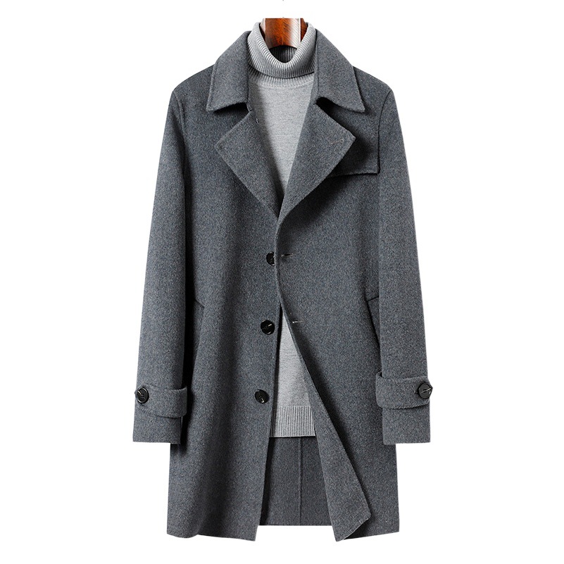 2024新韓版気質綿毛ラシャコート男性の純色の中の長さは両面のコートを厚くしています。