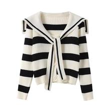 秋季定制时尚长袖海军V领条纹单排扣学院风针织衫女式开衫毛衣