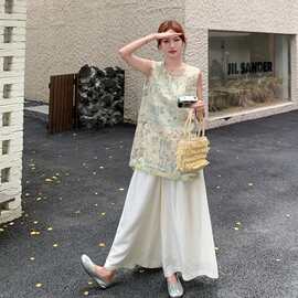 套装女夏两件套2025夏季新款贵气感优雅风印花上衣阔腿裤两件套潮