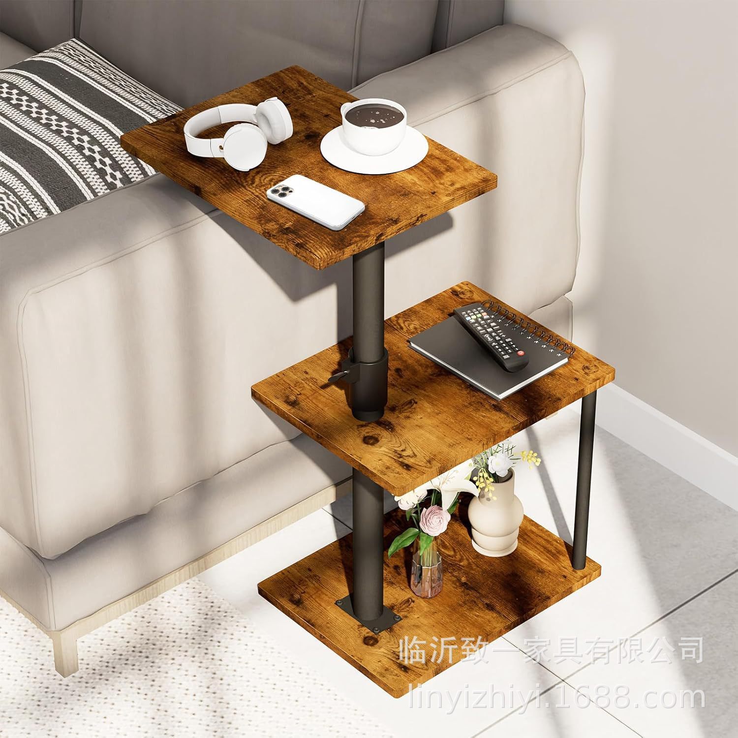 Cross-Border Ironwood Adjustable and Rotating Sofa Side Table, Small Coffee Table