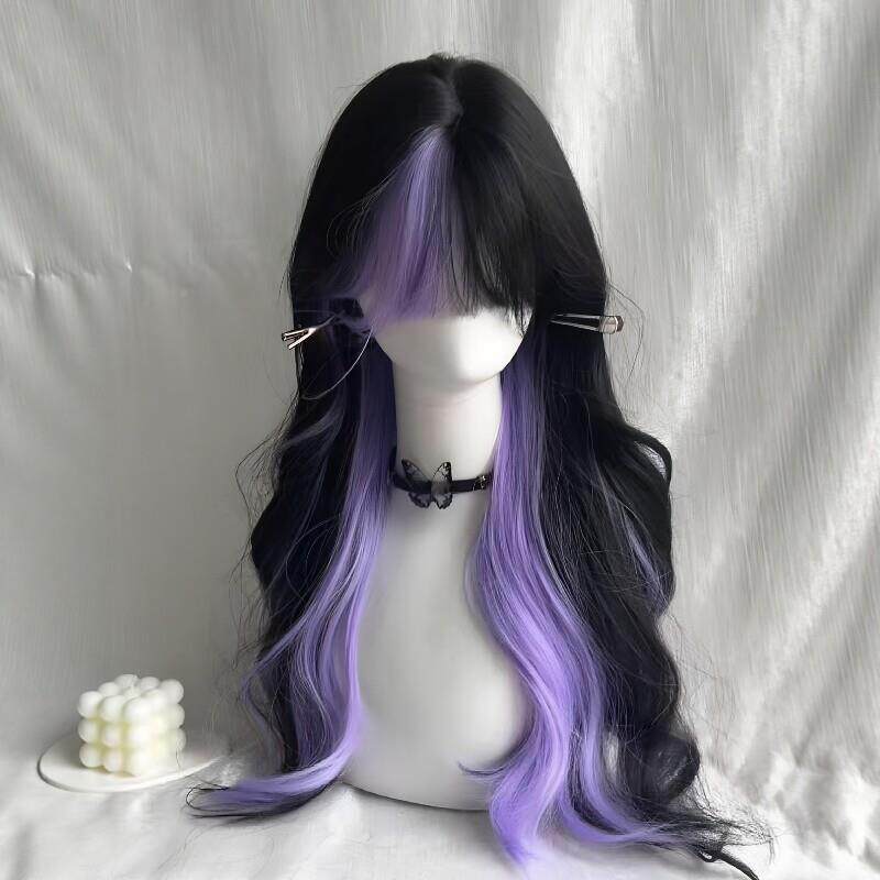 Women's Full Wig with Bangs, Black and Purple Highlights, Long Curly Hair, Lolita Style, Cosplay, Realistic Hair Wig Women's Full Wig with Bangs, Black and Purple Highlights, Long Curly Hair, Lolita Style, Cosplay, Realistic Hair Wig
