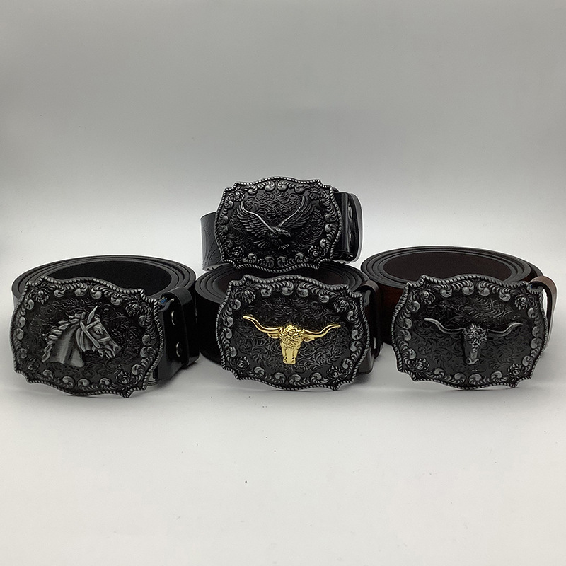 Nuevo cinturón de mezclilla occidental transfronterizo para hombres, hebilla de cabeza de toro impresa pesada, cinturón de cuero retro de moda al por mayor