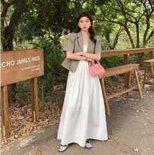 韩国chic气质通勤短袖西装外套+v领吊带长款伞裙连衣裙两件套装