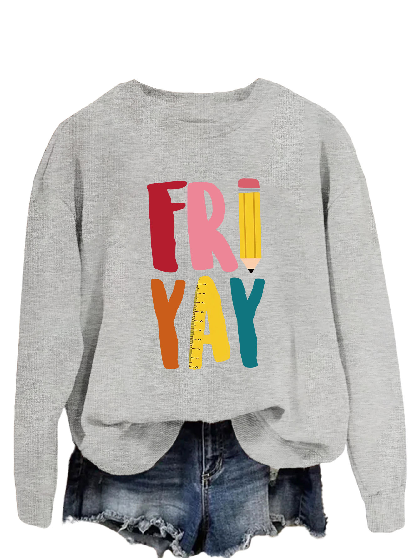 Estación independiente de moda Suelta todo fósforo superior FRI YAY lápiz divertido carta de impresión camisa de manga larga de las mujeres suéter