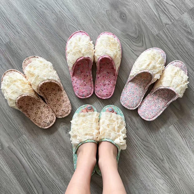 Foreign trade Korea lace small floral fish mouth indoor slippers home floor shoes rubber sole