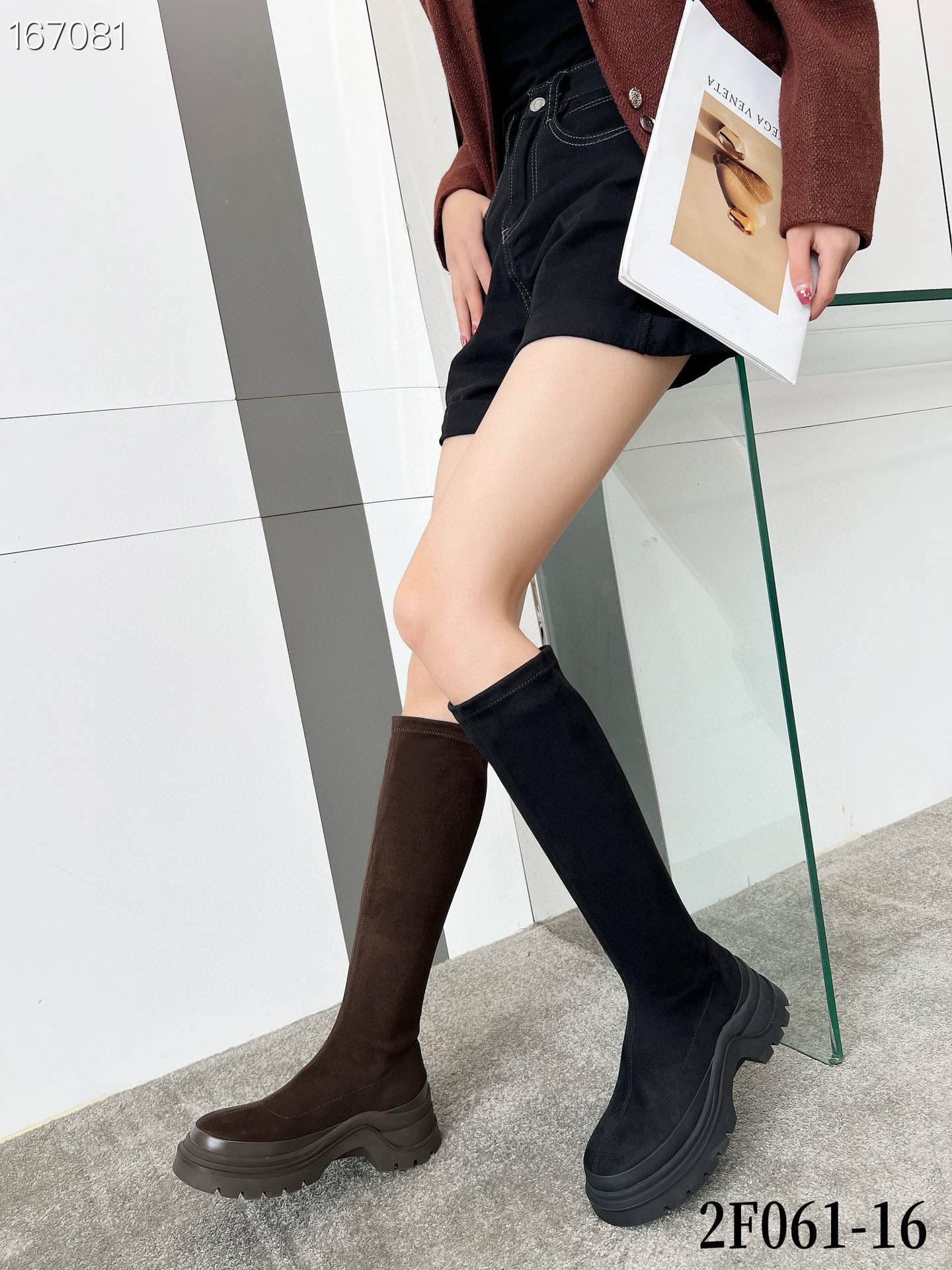 Boot nữ cổ cao ôm bắp chân da mờ mũi tròn gót thấp đàn hồi — Màu đen, Màu cà phê chi tiết 4