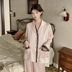 蕾丝边双口袋高级感睡衣女两件套长袖宽松提花蝴蝶家居服套装