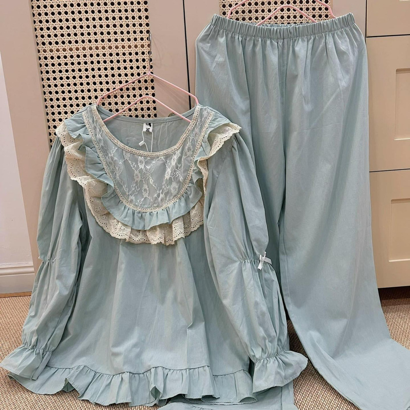 Estilo coreano cómodo estilo Palacio dulce princesa de encaje con volantes otoño homewear traje camisón