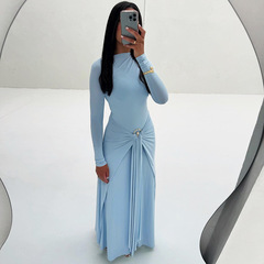 ヨーロッパとアメリカの2025年新作夏の婦人服、エレガントな装飾バックル付き無地長袖ヒップカバータイトストラップロングスカート