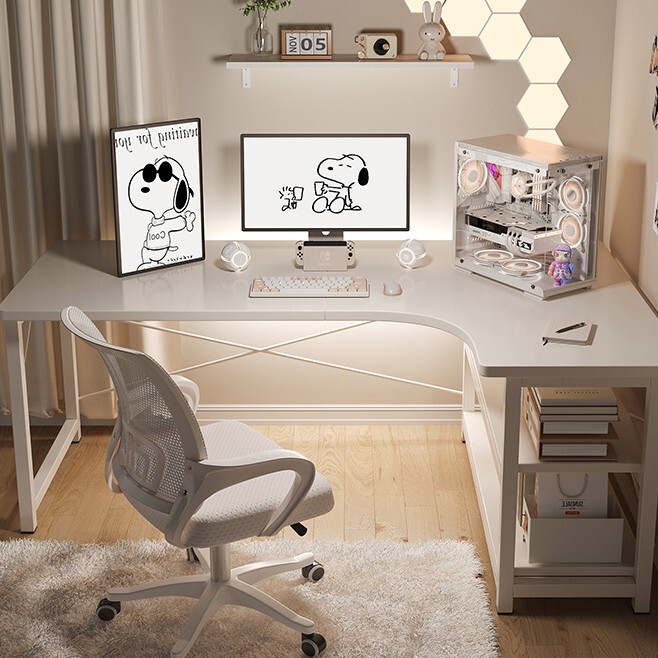 Computer Desk for Home Use, Corner Desk for Bedroom, Gaming Desk with Bookshelf, Simple Office Desk for Girls, L-Shaped White Desk