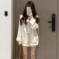 碎花连帽卫衣女春秋oversize薄款外套港味chic宽松慵懒开衫上衣