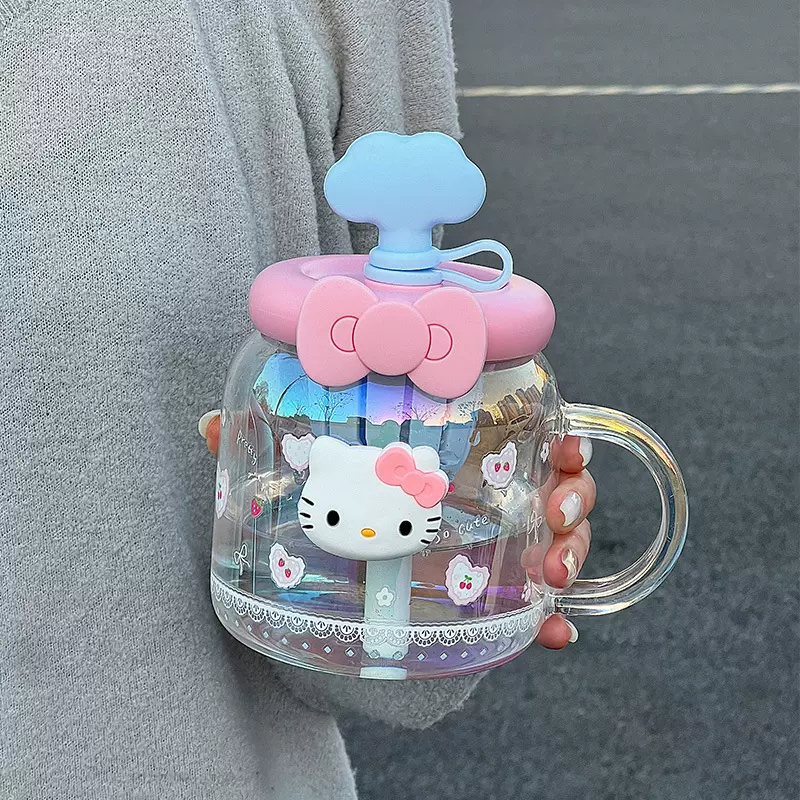 HelloKitty玻璃杯女生高颜值2025新款大容量带手柄吨吨吸管大肚杯