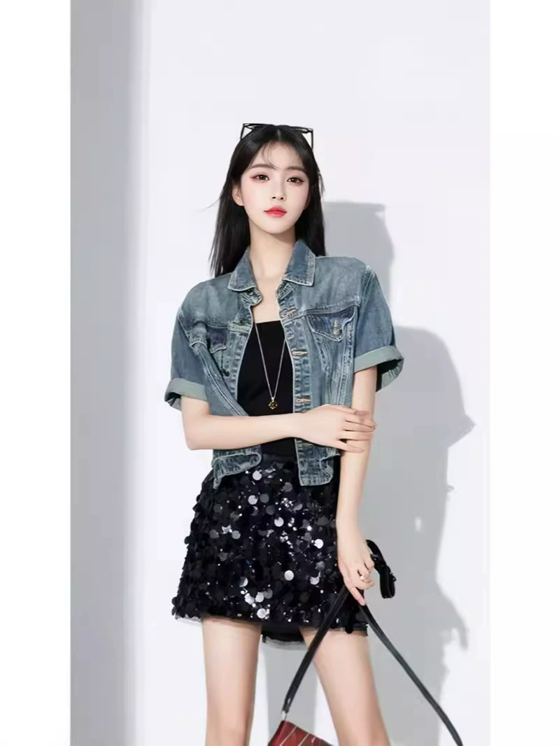 Летняя винтажная джинсовая куртка, укорочённая кардиган, рубашка, с short sleeve, для подростков, оверсайз