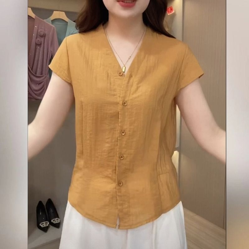 2026 Summer New Cotton and Linen V-Neck Short-Sleeved Shirt for Women, Slimming, Versatile, Age-Reducing, Elegant, Loose-Fitting Blouse for Moms
