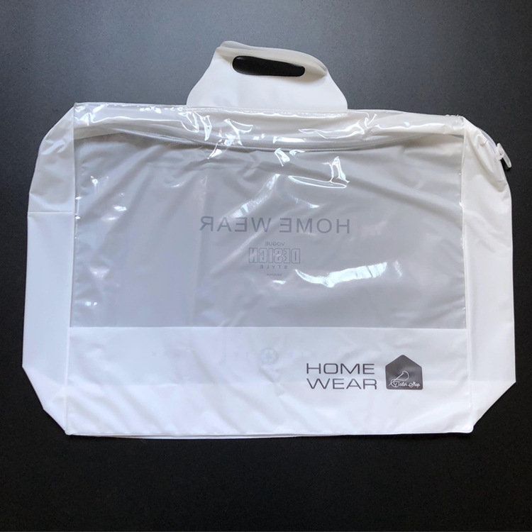 现货PVC通用手提拉链袋透明乳白色高档法兰绒服装塑料包装立体袋