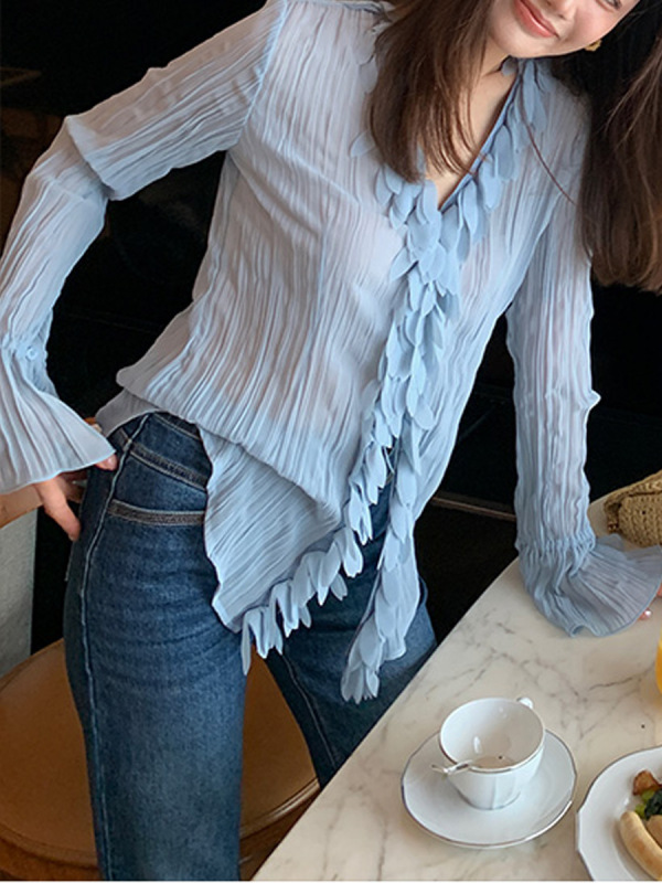 法式花瓣v领蓝色女士衬衫早秋高级设计感外套长袖上衣|undefined