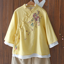 文艺复古刺绣棉麻七分袖衬衫女士春夏新款衬衣中国风茶服盘扣上衣