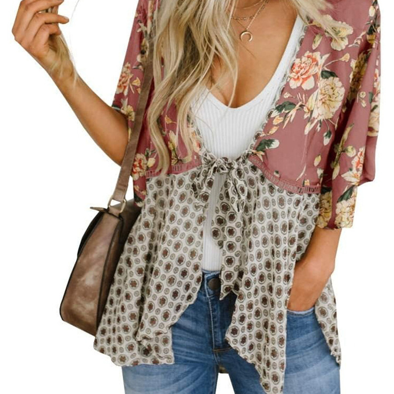 Spot 2025 European and American Amazon Summer Hot New Casual Printed Lace-Up Cross-Border V-Neck Chiffon Shirt Spot 2025 European and American Amazon Summer Hot New Casual Printed Lace-Up Cross-Border V-Neck Chiffon Shirt
