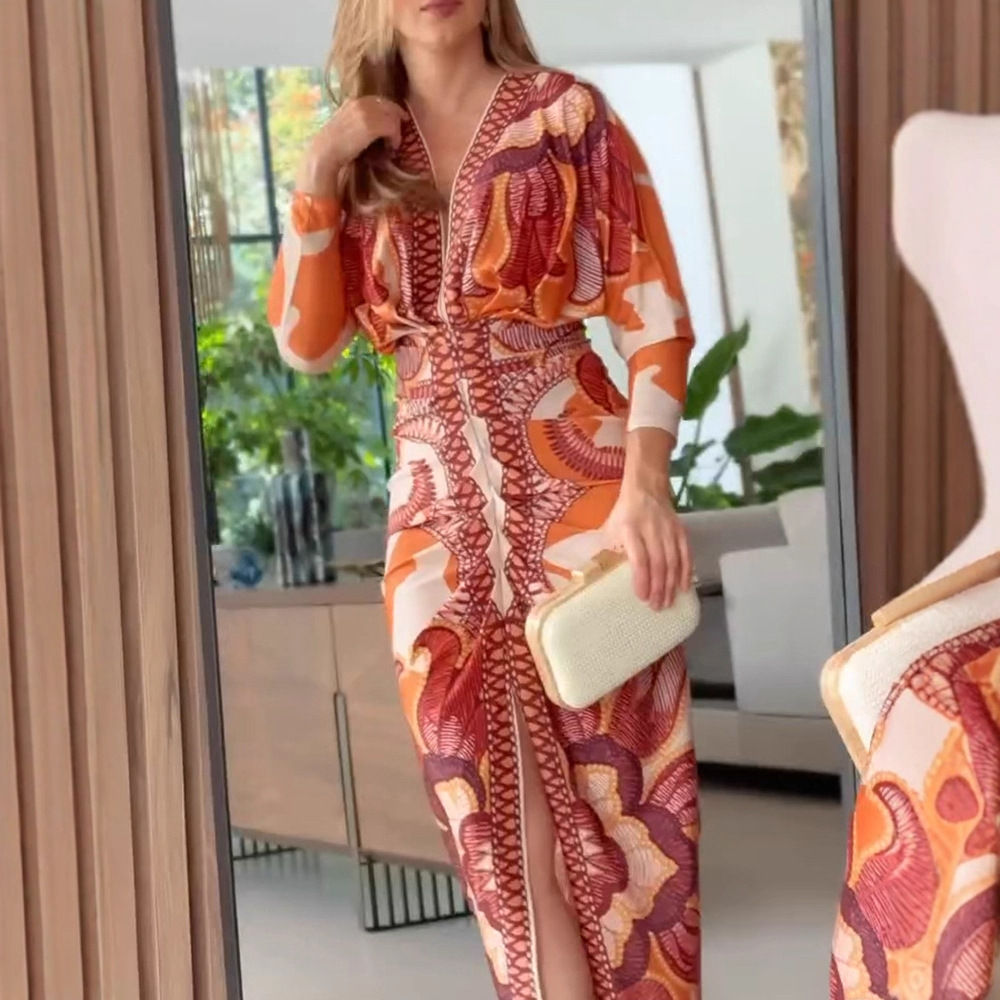 Baroque Print Long Sleeve Midi Dress – Deep V-Neck Slim Fit Retro Elegance (S-XL, Orange)_ecoleips.com