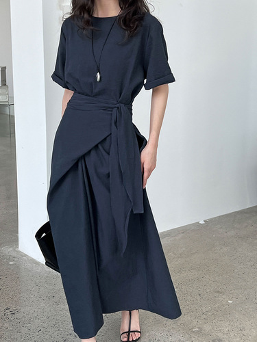 Luxi niche design cross-strap short-sleeved dress spring and summer new style waist waist slimming A-line long dress 3588