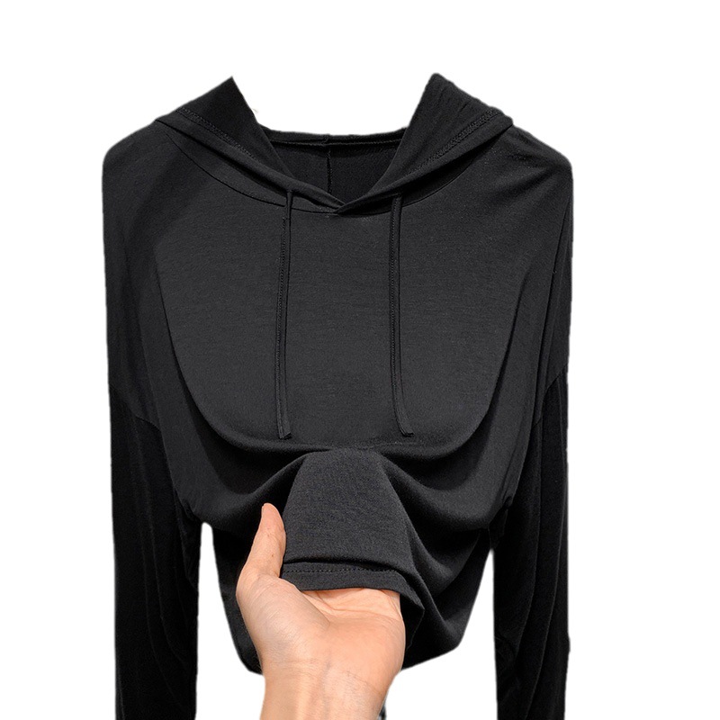 Suéter con capucha negro para mujer Primavera y otoño 2023 nueva ropa de mujer simple moda color sólido manga larga cordón camiseta image 5