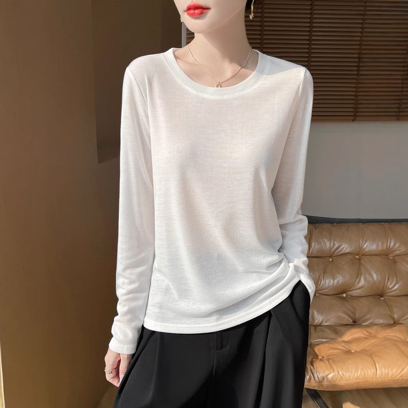 Cross-Border 2025 Spring and Summer New Fine-Spun Knitwear Women's Round Neck Slightly See-Through Long-Sleeved Elegant Versatile Thin Bottoming Shirt