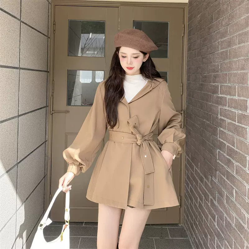 秋冬新款大码连帽风衣外套女中长款小个子英伦风设计感收腰大衣潮