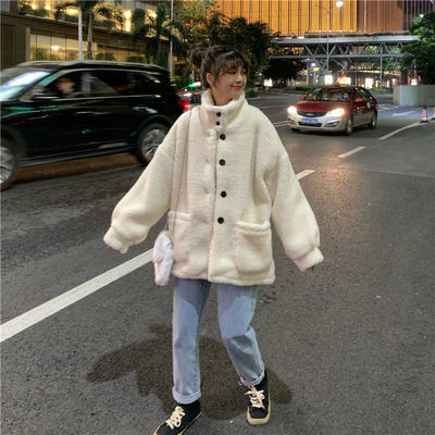 Chaqueta de Lana de Cordero para Mujer de Poliéster Holgada con Cuello Alto para Otoño e Invierno
