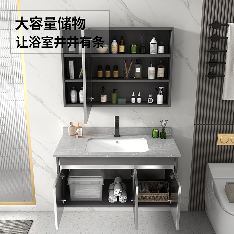 304 gabinete de baño de acero inoxidable combinación inteligente gabinete del espejo lavabo cuenca de cerámica roca Placa Cuenca estilo moderno lujo simple luz