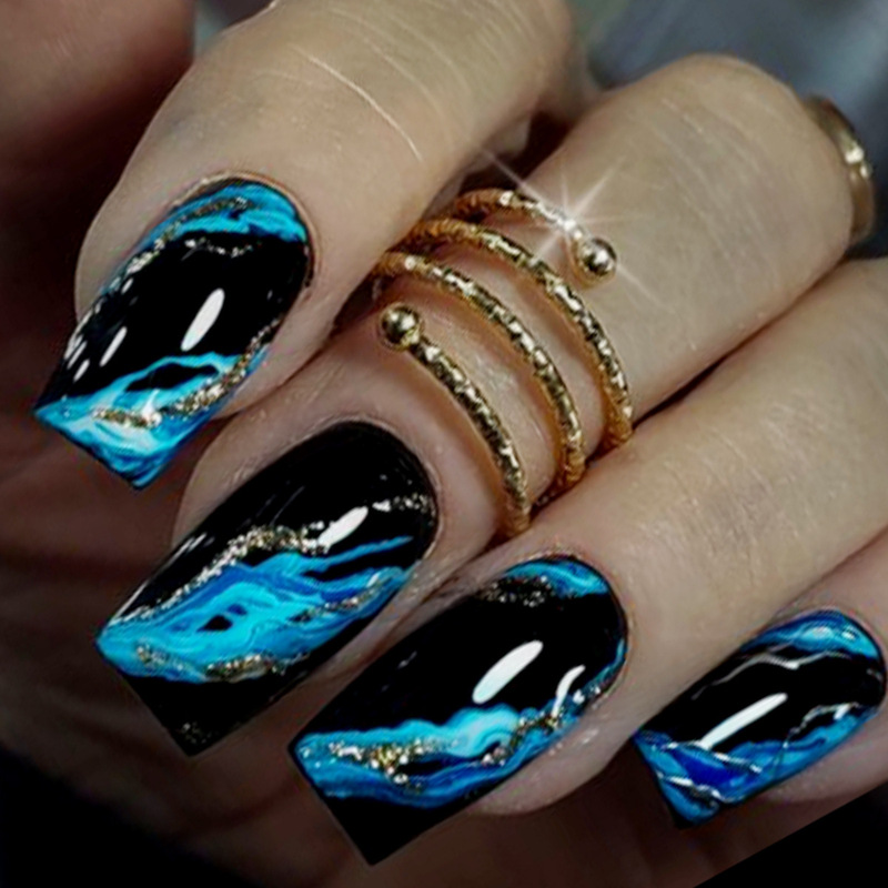 Cross-Border Wearable Square Black and Blue Smudged Irregular Lines Glitter Powder Decoration Removable Fake Nail Patches