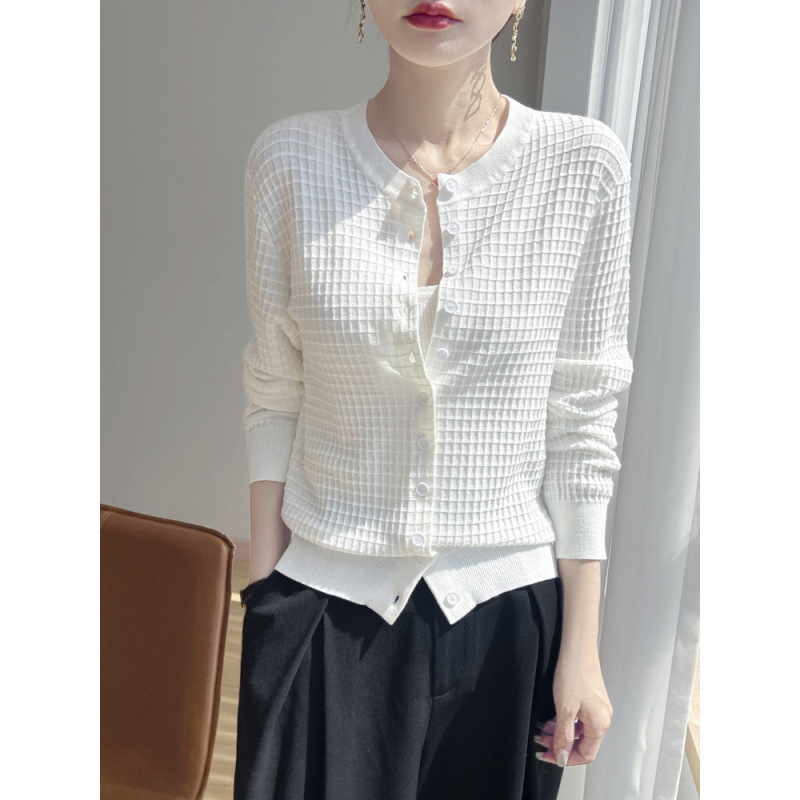 2025 Early Autumn New Silk Wool Round Neck Knitted Cardigan Long-Sleeve Women's Waffle Loose Versatile Top 2025 Early Autumn New Silk Wool Round Neck Knitted Cardigan Long-Sleeve Women's Waffle Loose Versatile Top