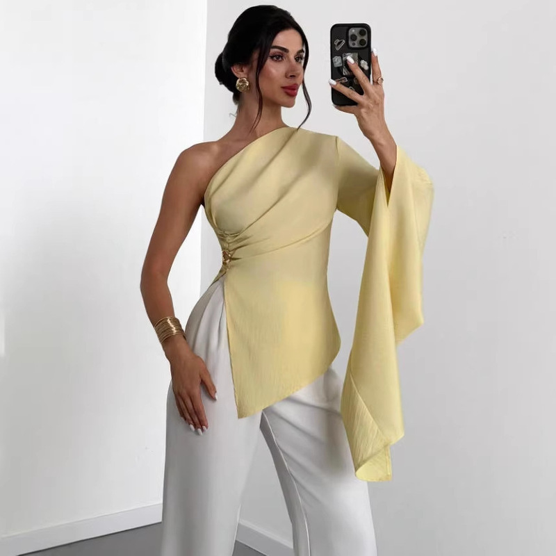 2026 European and American Cross-Border Women's Elegant New Fashion One-Shoulder Ultra-Long Sleeve Pleated Metal-Decorated Solid Color Shirt