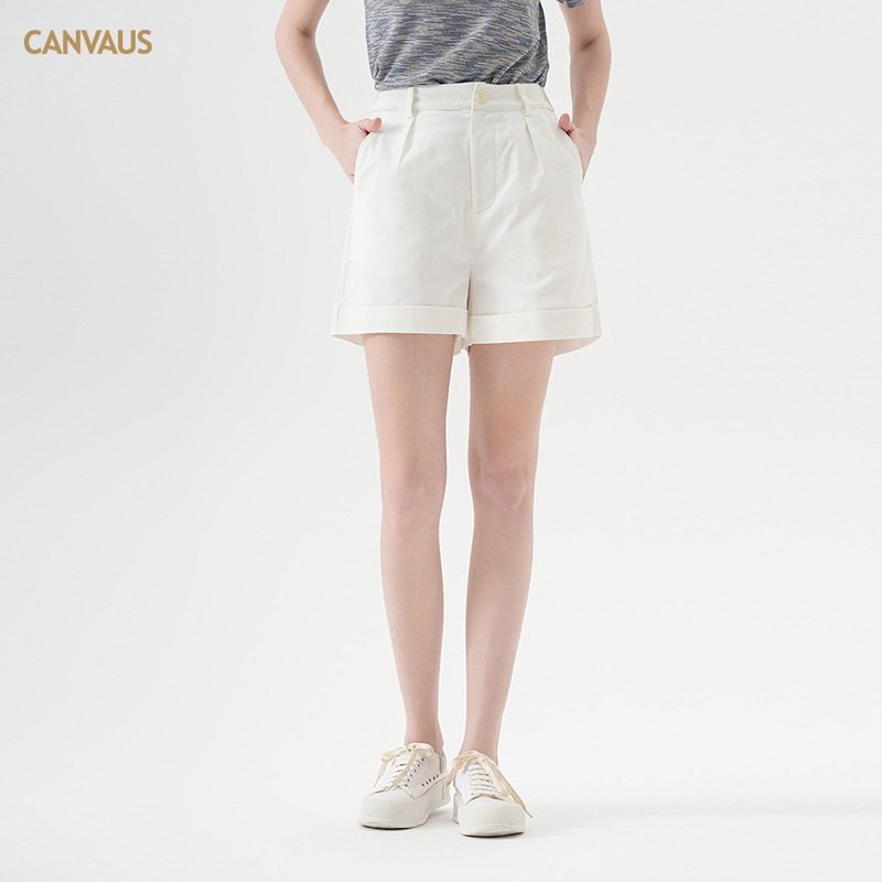CANVAUS 데님 반바지 여성 여름 신작 코튼 캐주얼 솔리드 컬러 심플 미드 웨이스트 포켓 슬리밍 5부 바지