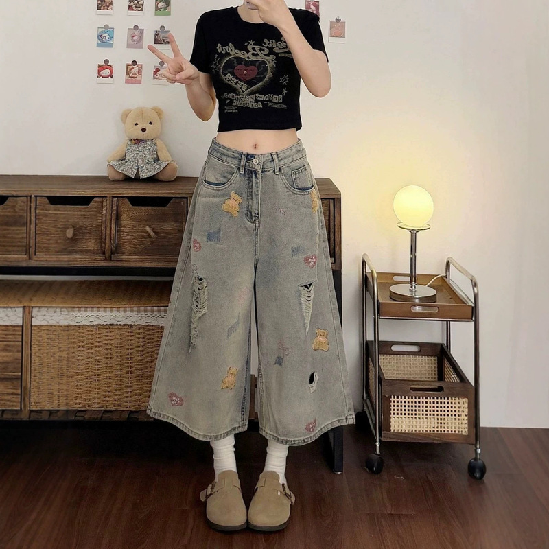 Embroidered Bear Patch Ripped Denim Capri Pants for Women, Summer Slim Fit Loose Wide-Leg Denim Capri Pants, Thin Summer Style