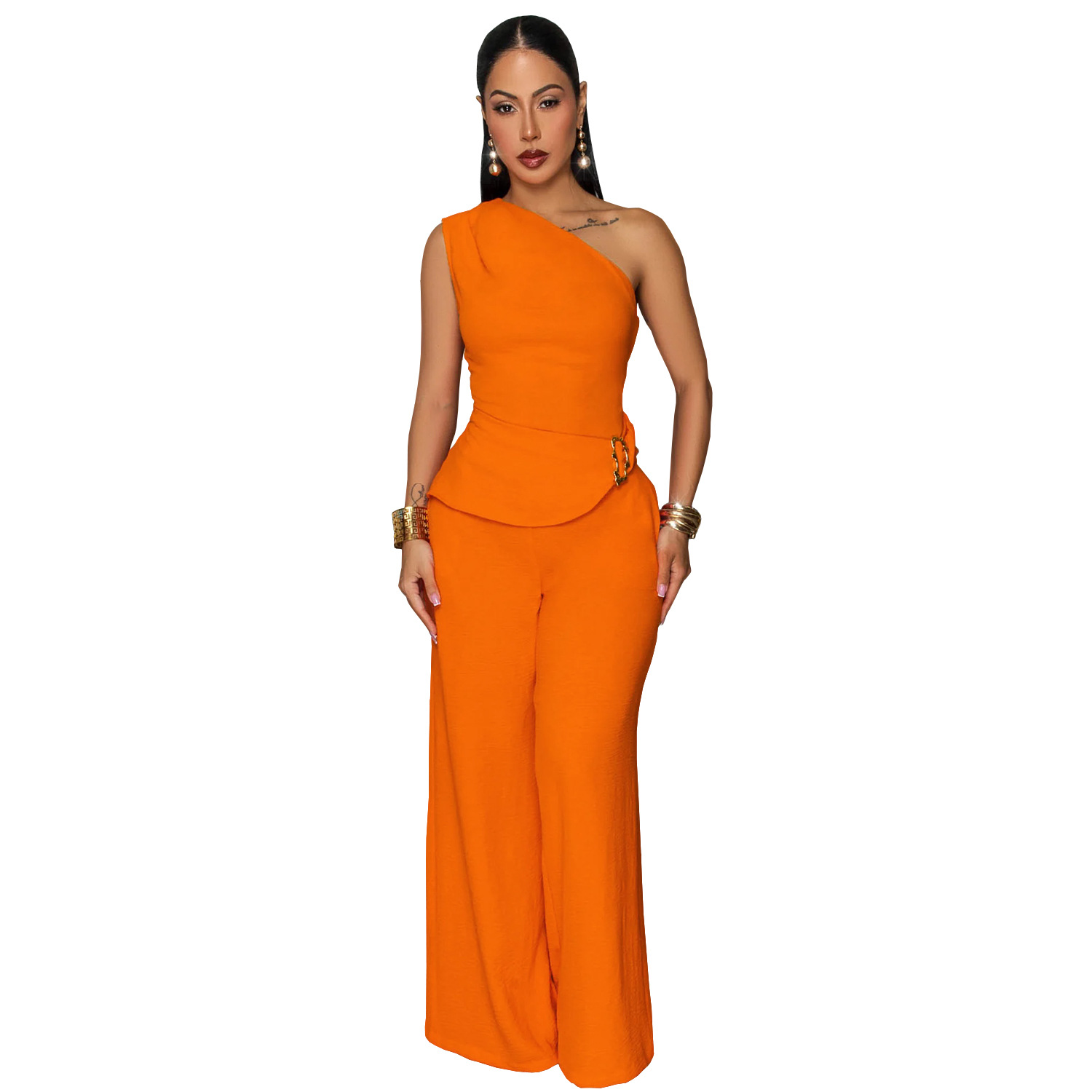 C7736 Aliexpress transfronterizo Amazon 2026 nueva ropa de mujer casuales de color sólido blusa de hombro inclinada pantalones largos dos piezas